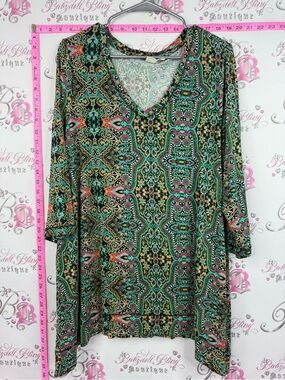 Artisan Ny mini dress or long top Teal, Pink & Gold Paisley V-Neck Tunic